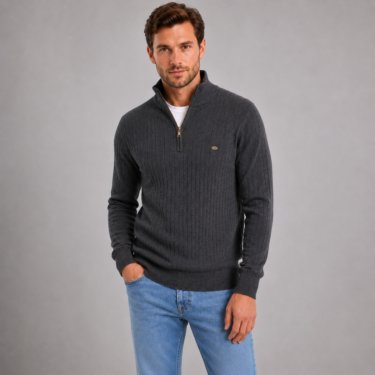 Men's Quarter Zip Ribbed Jumper — Funnel Neck Sweater 6