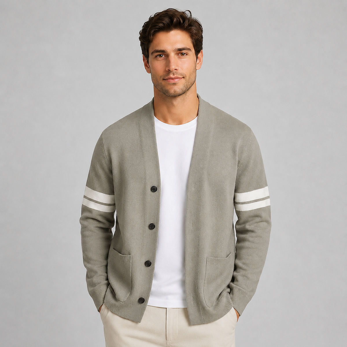 Men's Varsity Stripe V-Neck Cardigan — Button-Up Knit 3