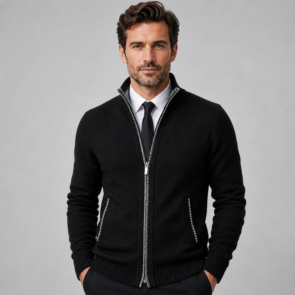 Men's Fleece Zip-Up Cardigan — Stand Collar Full Zip 1