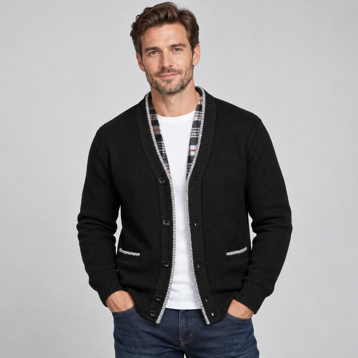 Men's Fleece-Lined V-Neck Cardigan — Button Front Knit 1