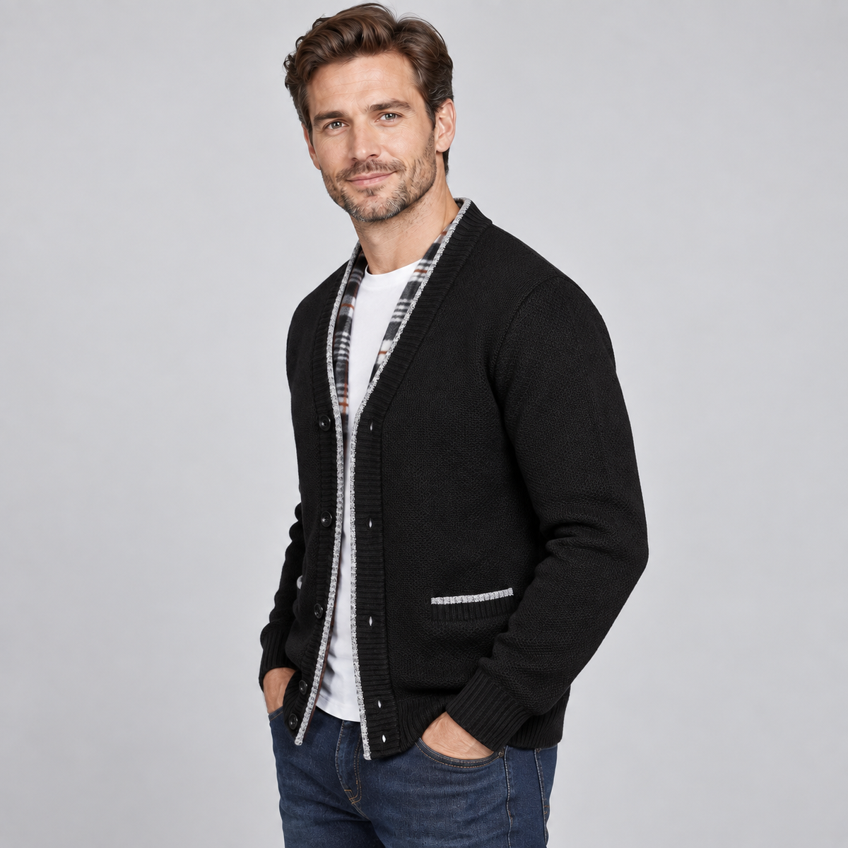 Men's Fleece-Lined V-Neck Cardigan — Button Front Knit 3