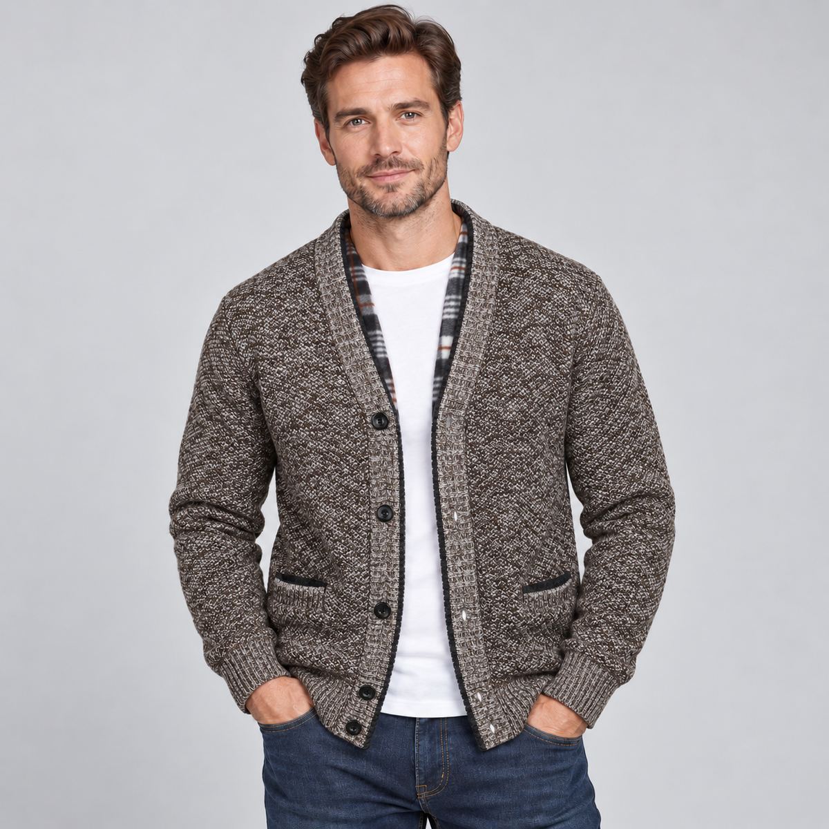 Men's Fleece-Lined V-Neck Cardigan — Button Front Knit 7