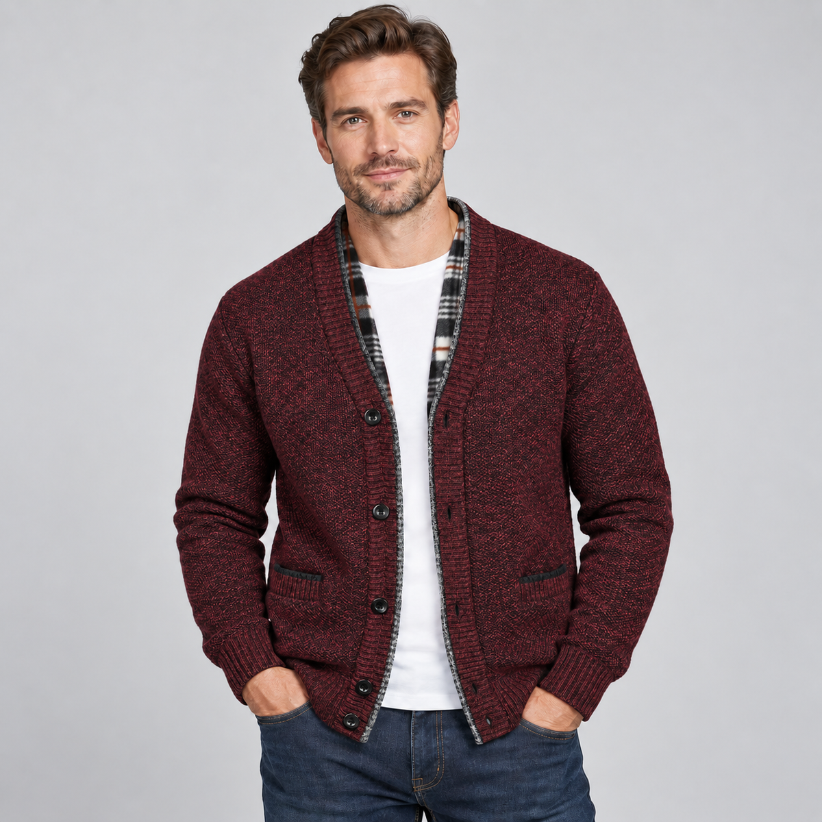 Men's Fleece-Lined V-Neck Cardigan — Button Front Knit 6