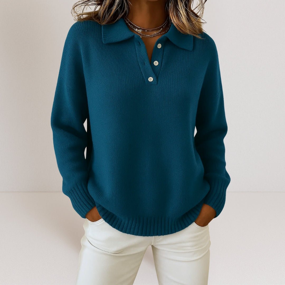 Polo Collar Knit Sweater with Button Placket — Relaxed Fit 2