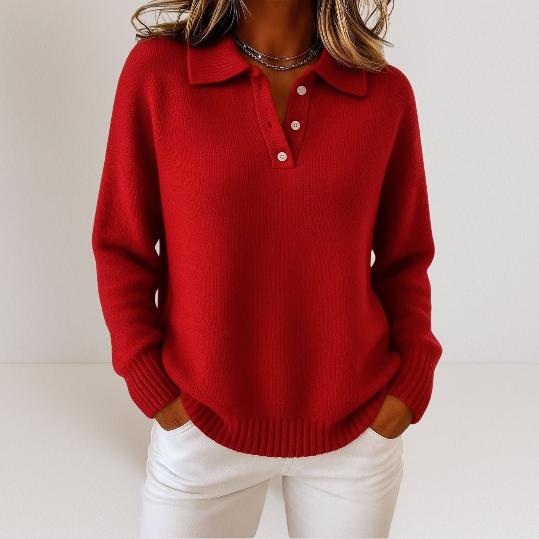 Polo Collar Knit Sweater with Button Placket — Relaxed Fit 3