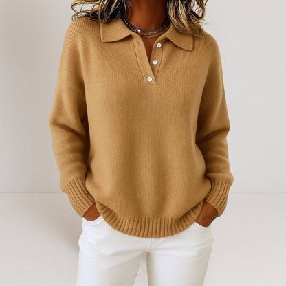 Polo Collar Knit Sweater with Button Placket — Relaxed Fit 4