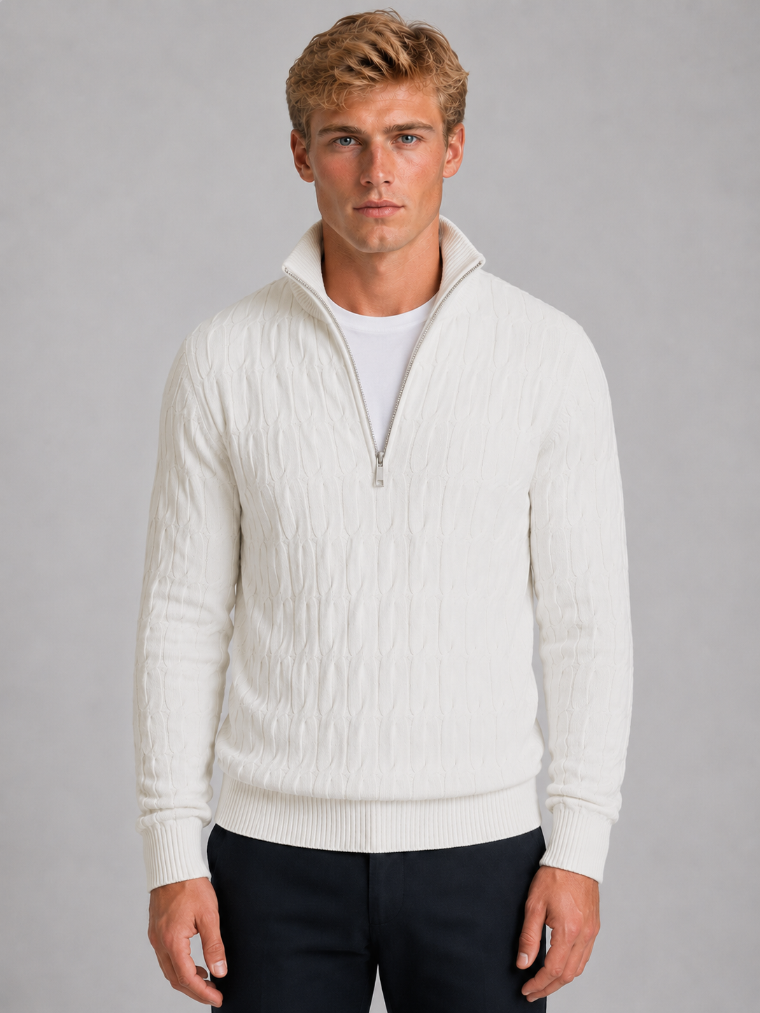 Men's Quarter-Zip Funnel Neck Textured Knit Sweater 1