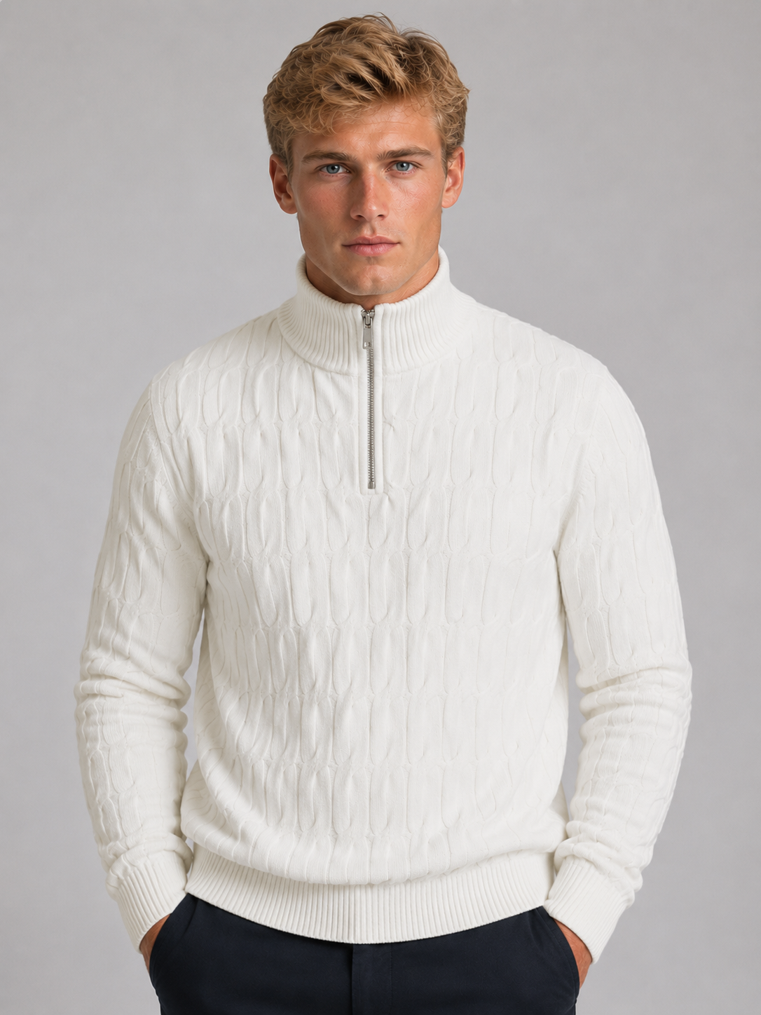 Men's Quarter-Zip Funnel Neck Textured Knit Sweater 3