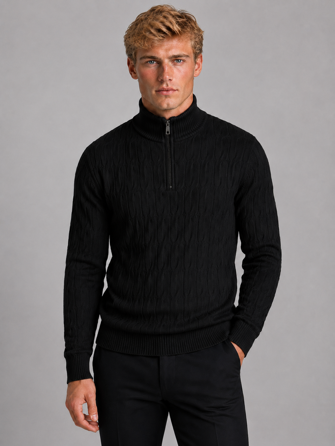 Men's Quarter-Zip Funnel Neck Textured Knit Sweater 5