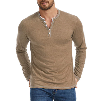 Men's Long Sleeve Cotton Henley Shirt — V-Neck Button 4