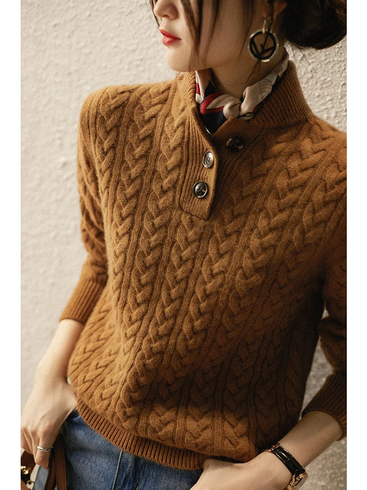 Cable Knit Women's Sweater — Button Collar Regular Fit 4