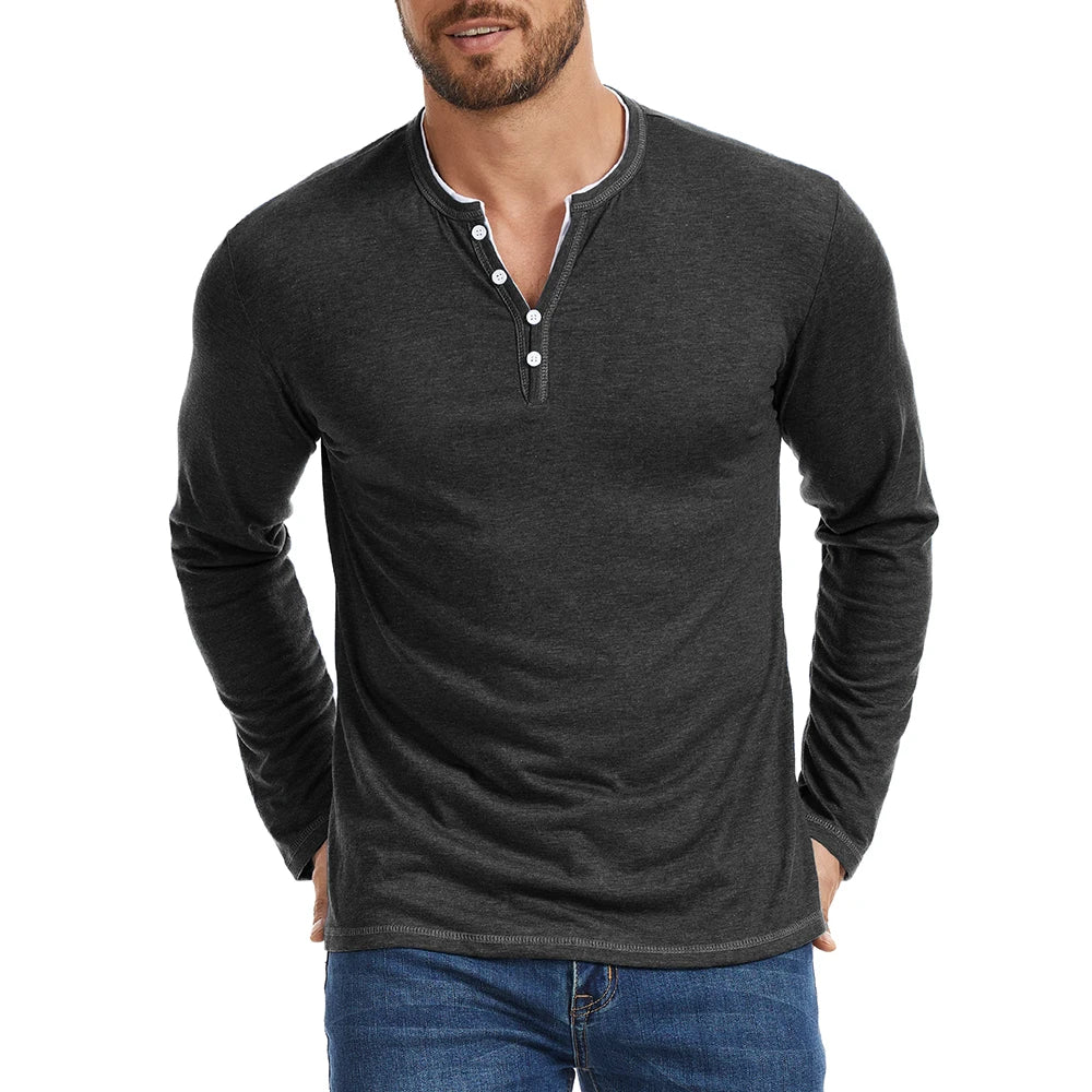 Men's Long Sleeve Cotton Henley Shirt — V-Neck Button 1