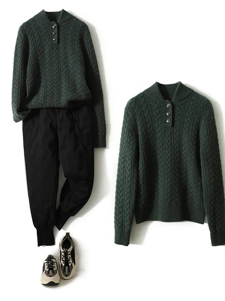Cable Knit Women's Sweater — Button Collar Regular Fit 13