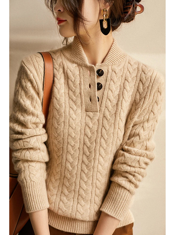 Cable Knit Women's Sweater — Button Collar Regular Fit 8