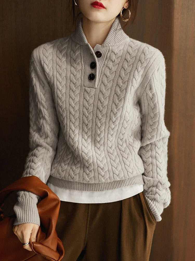 Cable Knit Women's Sweater — Button Collar Regular Fit 11