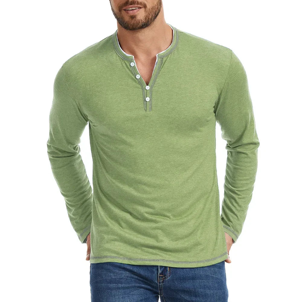 Men's Long Sleeve Cotton Henley Shirt — V-Neck Button 6