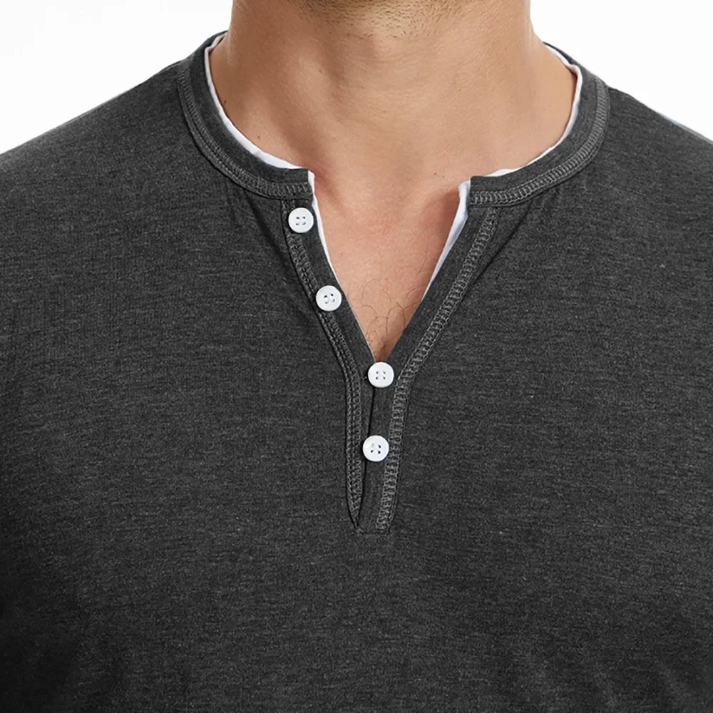 Men's Long Sleeve Cotton Henley Shirt — V-Neck Button 2