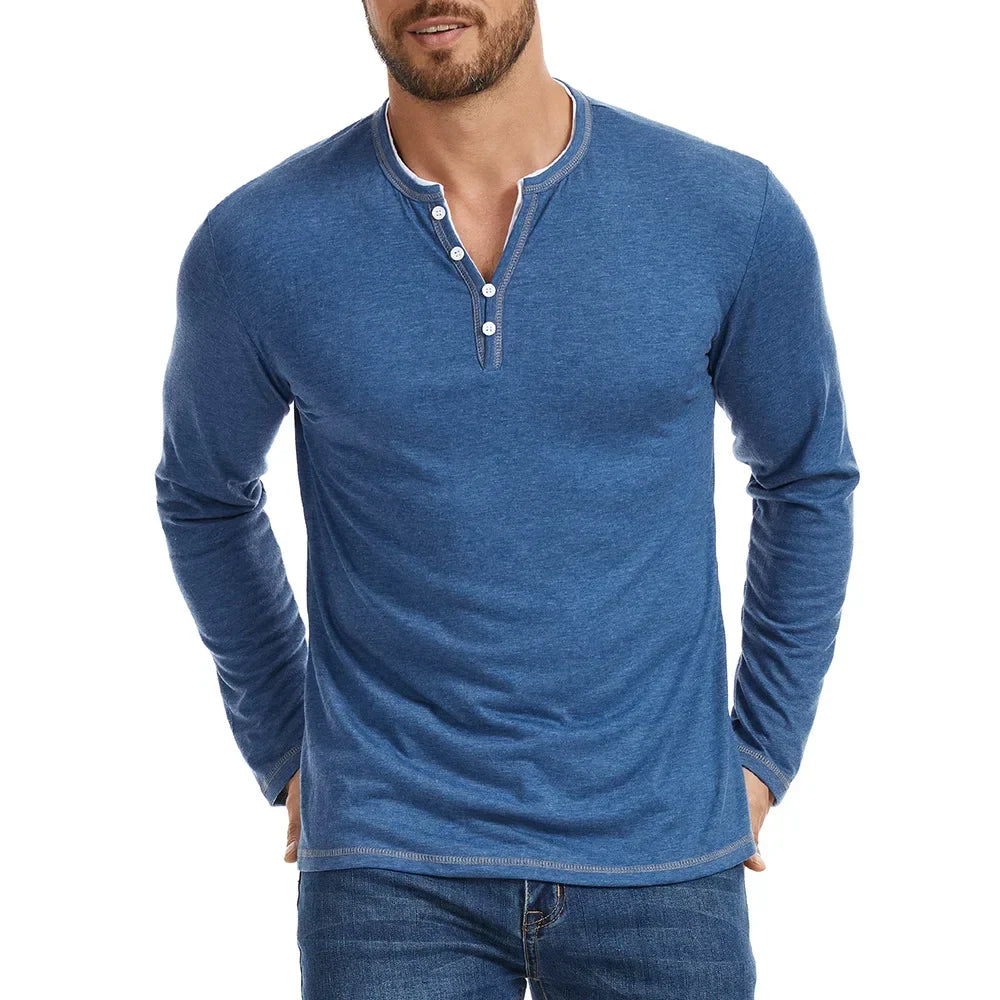 Men's Long Sleeve Cotton Henley Shirt — V-Neck Button 5