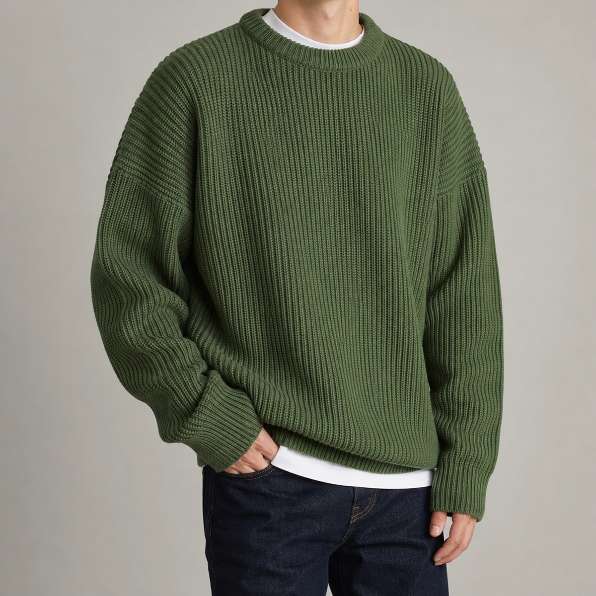 Chunky Ribbed Crew Neck Sweater — Oversized Drop Shoulder Knit 6