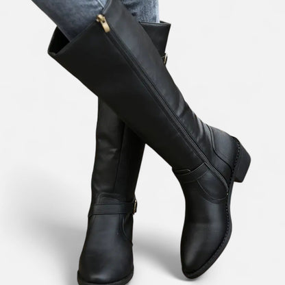Women's Pointed-Toe Long Boots — Chunky Heel Faux Leather 4