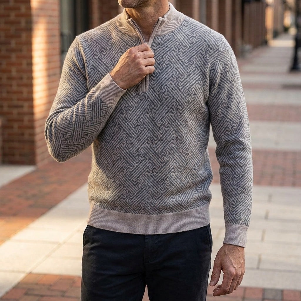 Merino Wool Quarter-Zip Sweater — Geometric Jacquard Knit 13