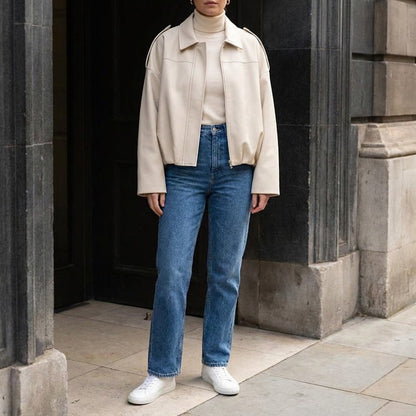 Faux Suede Bomber Jacket — Cropped Blouson Fit Women 17