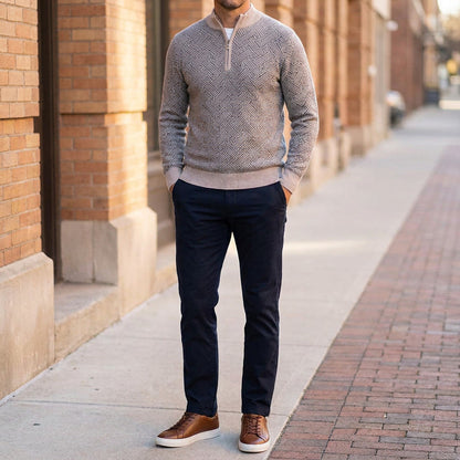 Merino Wool Quarter-Zip Sweater — Geometric Jacquard Knit 14