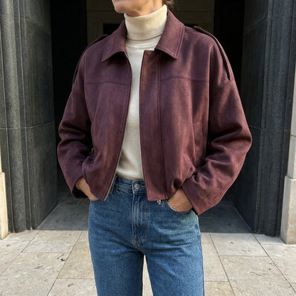 Faux Suede Bomber Jacket — Cropped Blouson Fit Women 1