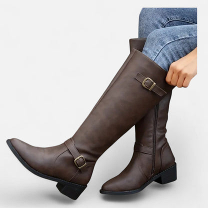 Women's Pointed-Toe Long Boots — Chunky Heel Faux Leather 5