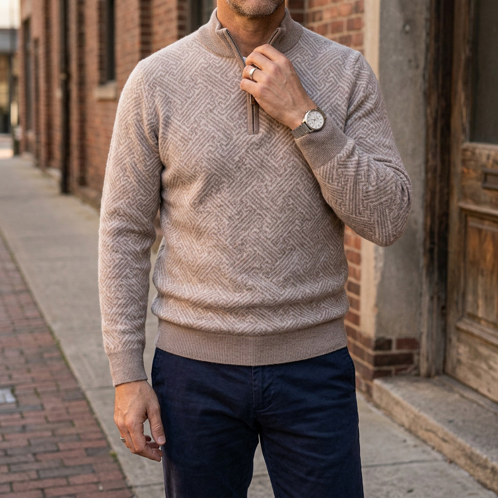 Merino Wool Quarter-Zip Sweater — Geometric Jacquard Knit 7