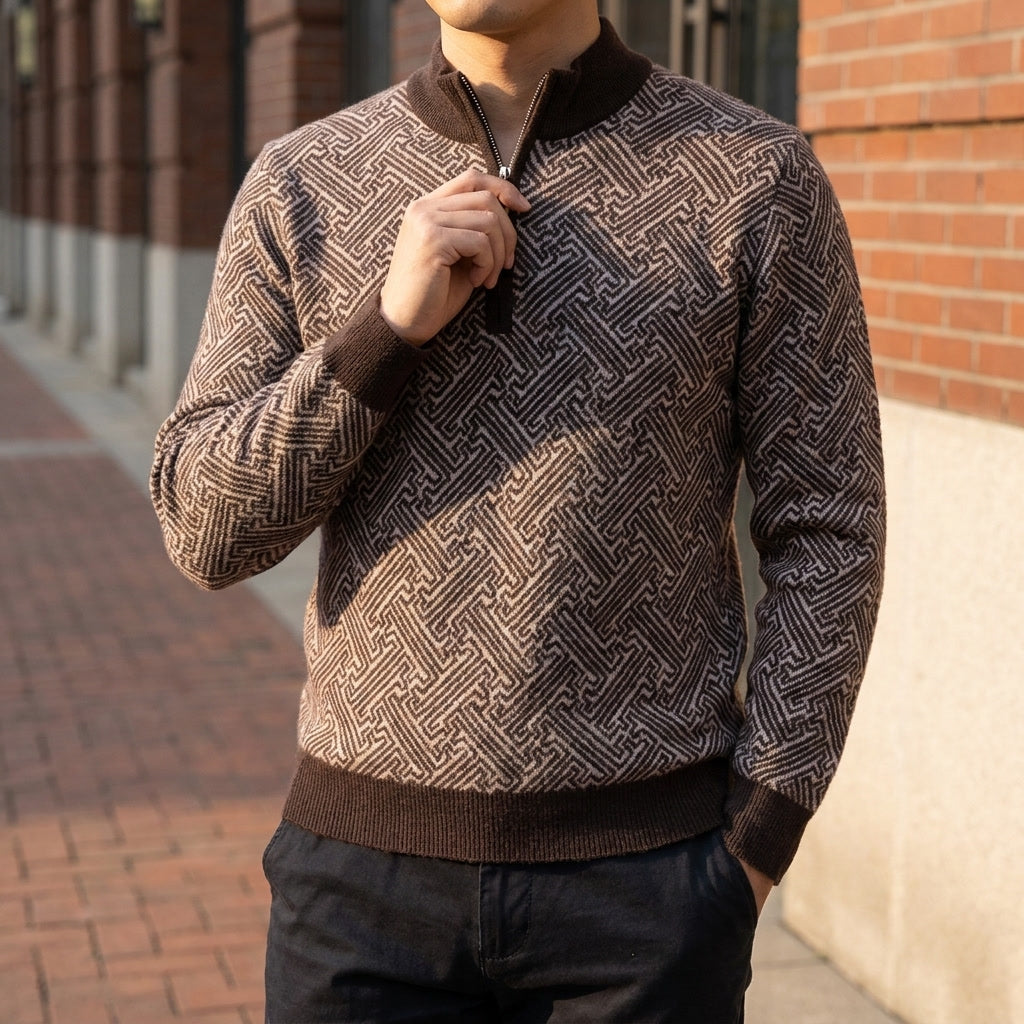 Merino Wool Quarter-Zip Sweater — Geometric Jacquard Knit 1