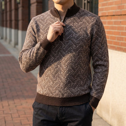 Merino Wool Quarter-Zip Sweater — Geometric Jacquard Knit 1