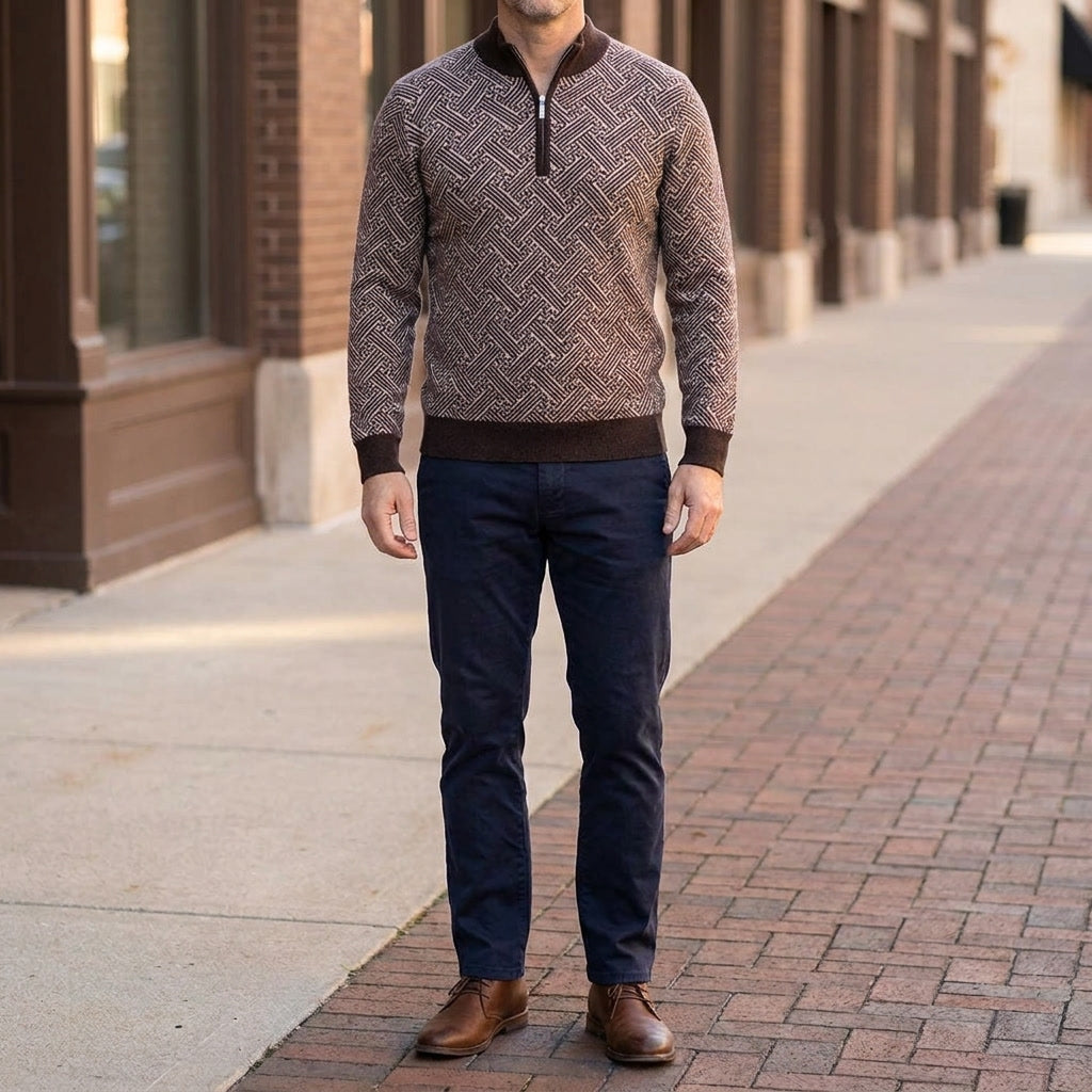 Merino Wool Quarter-Zip Sweater — Geometric Jacquard Knit 5