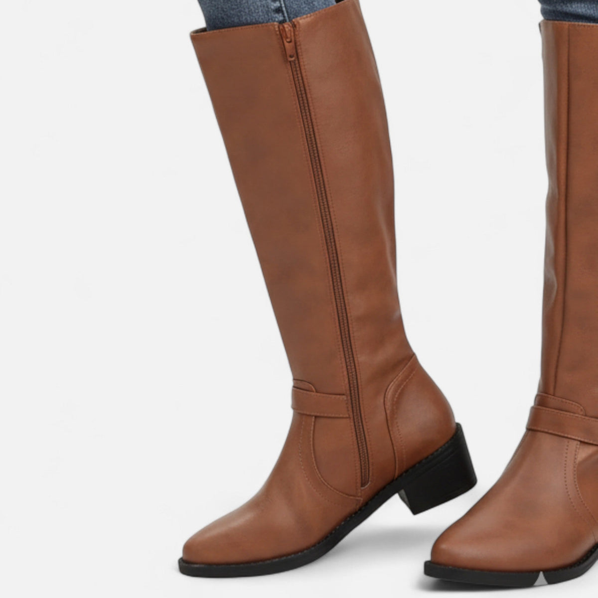 Women's Pointed-Toe Long Boots — Chunky Heel Faux Leather 7