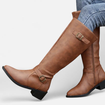Women's Pointed-Toe Long Boots — Chunky Heel Faux Leather 8