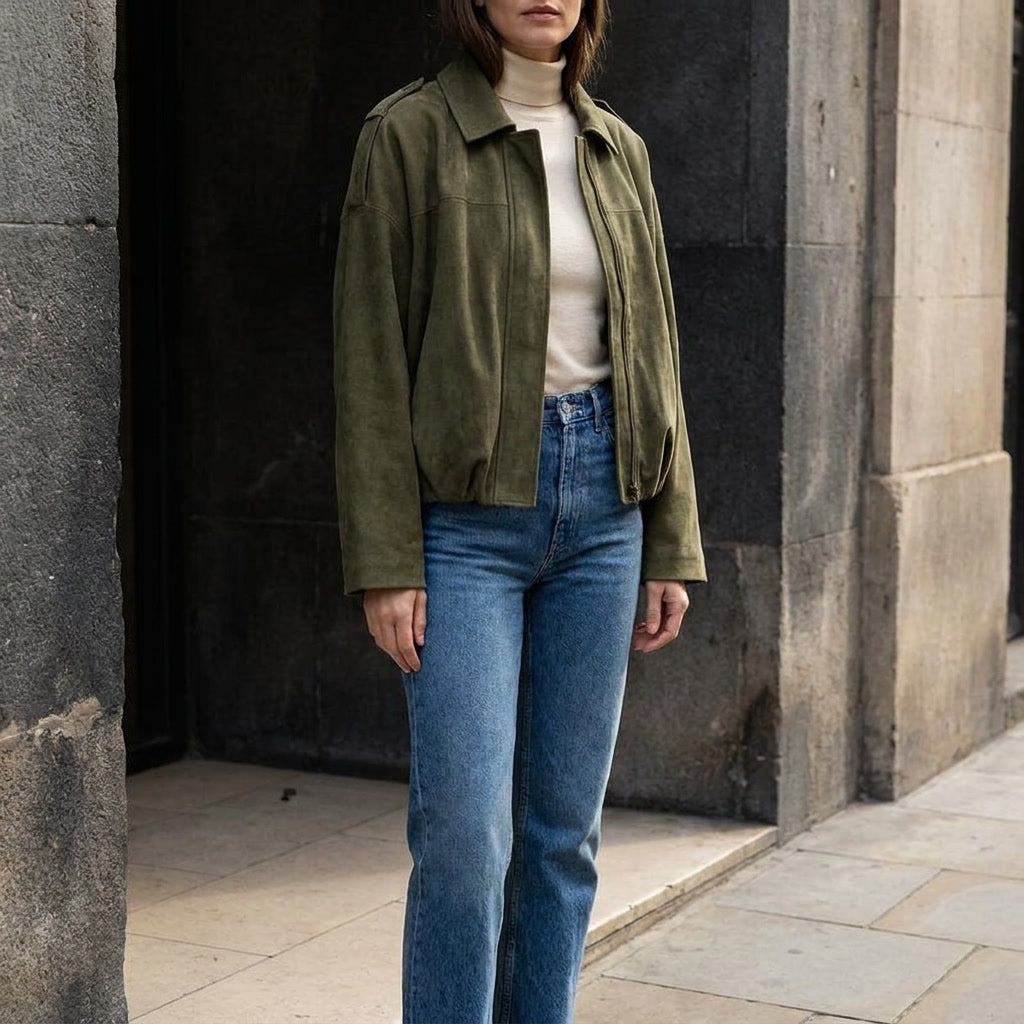 Faux Suede Bomber Jacket — Cropped Blouson Fit Women 15