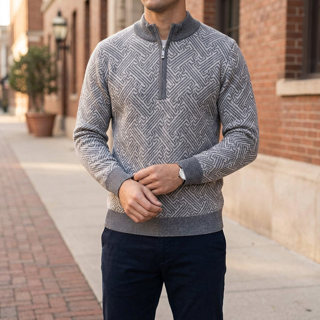 Merino Wool Quarter-Zip Sweater — Geometric Jacquard Knit 10