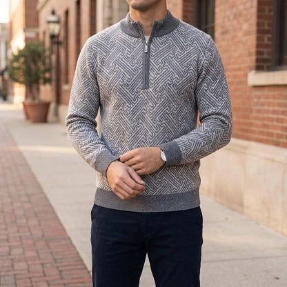 Merino Wool Quarter-Zip Sweater — Geometric Jacquard Knit 10