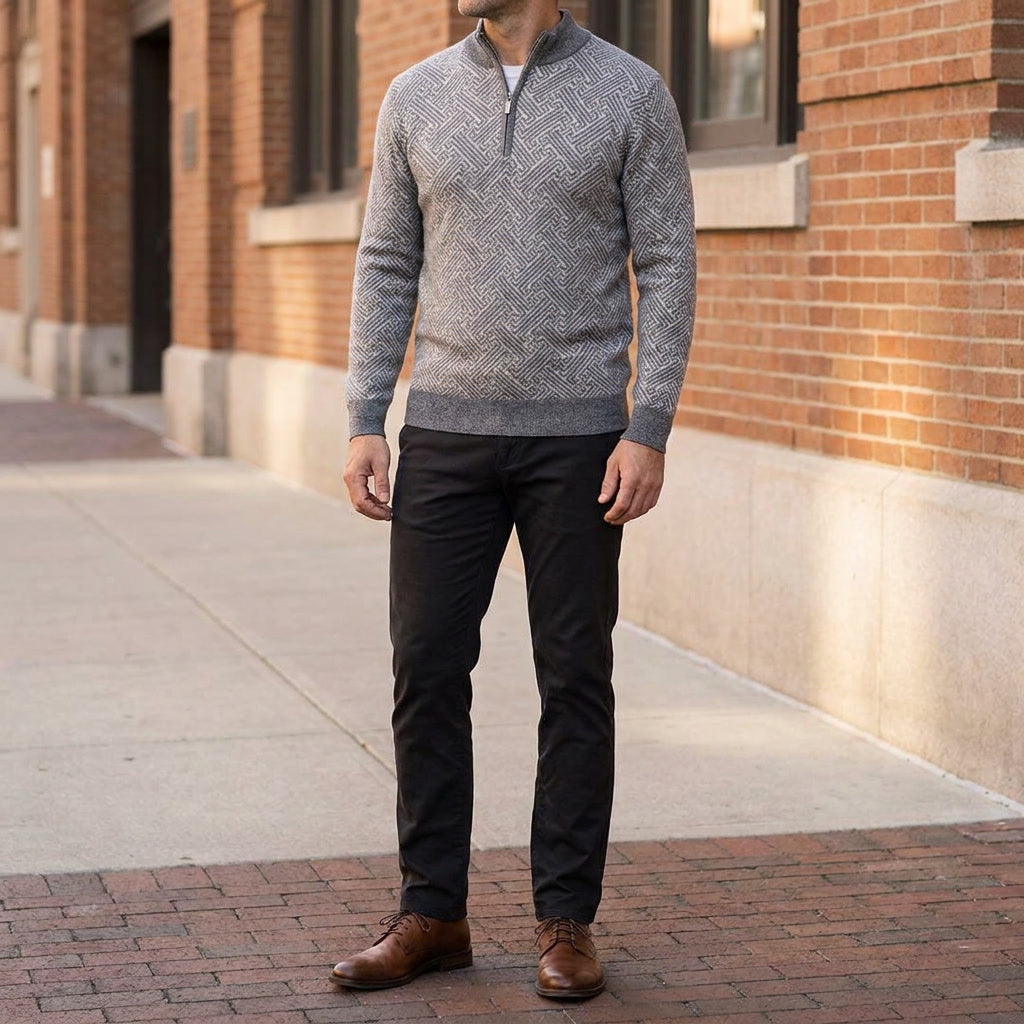 Merino Wool Quarter-Zip Sweater — Geometric Jacquard Knit 11