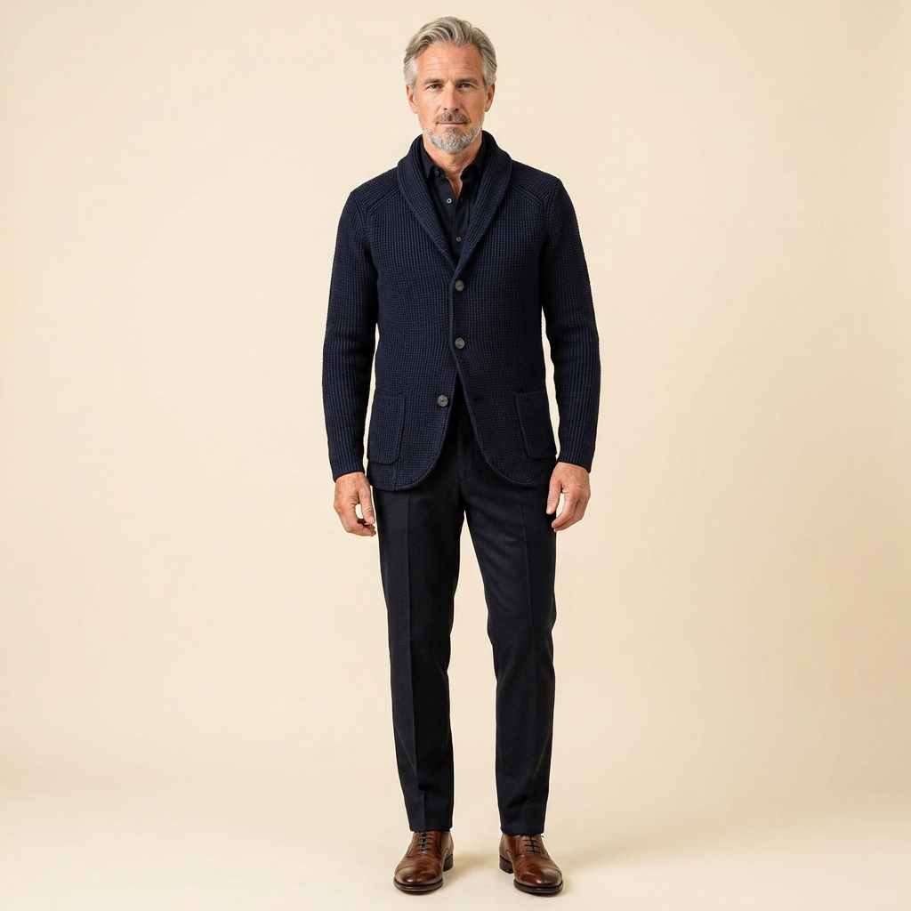 Men's Shawl Collar Cardigan — Ribbed Wool-Blend Knit 2