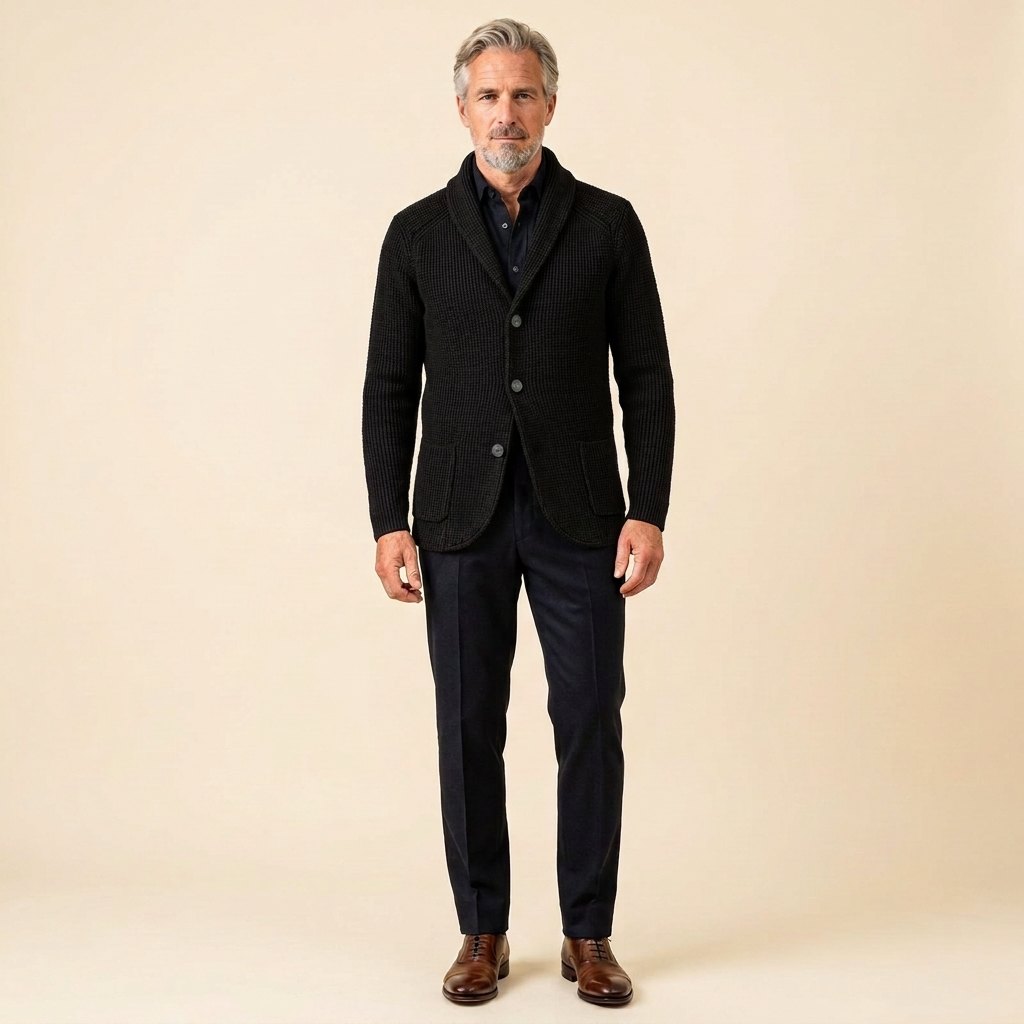 Men's Shawl Collar Cardigan — Ribbed Wool-Blend Knit 6