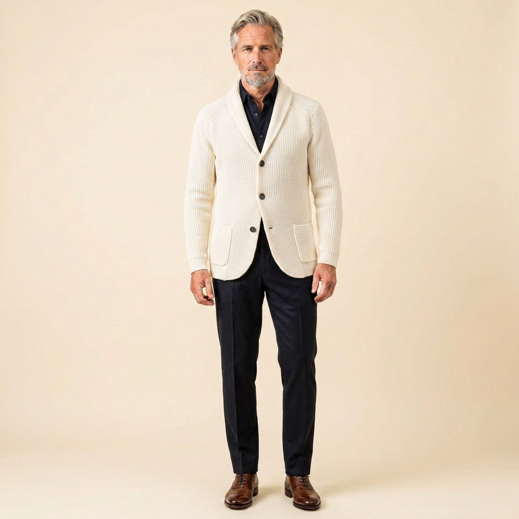 Men's Shawl Collar Cardigan — Ribbed Wool-Blend Knit 7