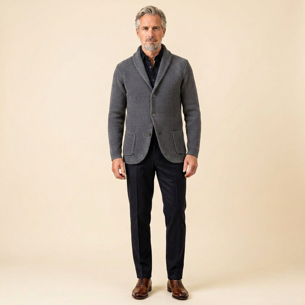 Men's Shawl Collar Cardigan — Ribbed Wool-Blend Knit 8
