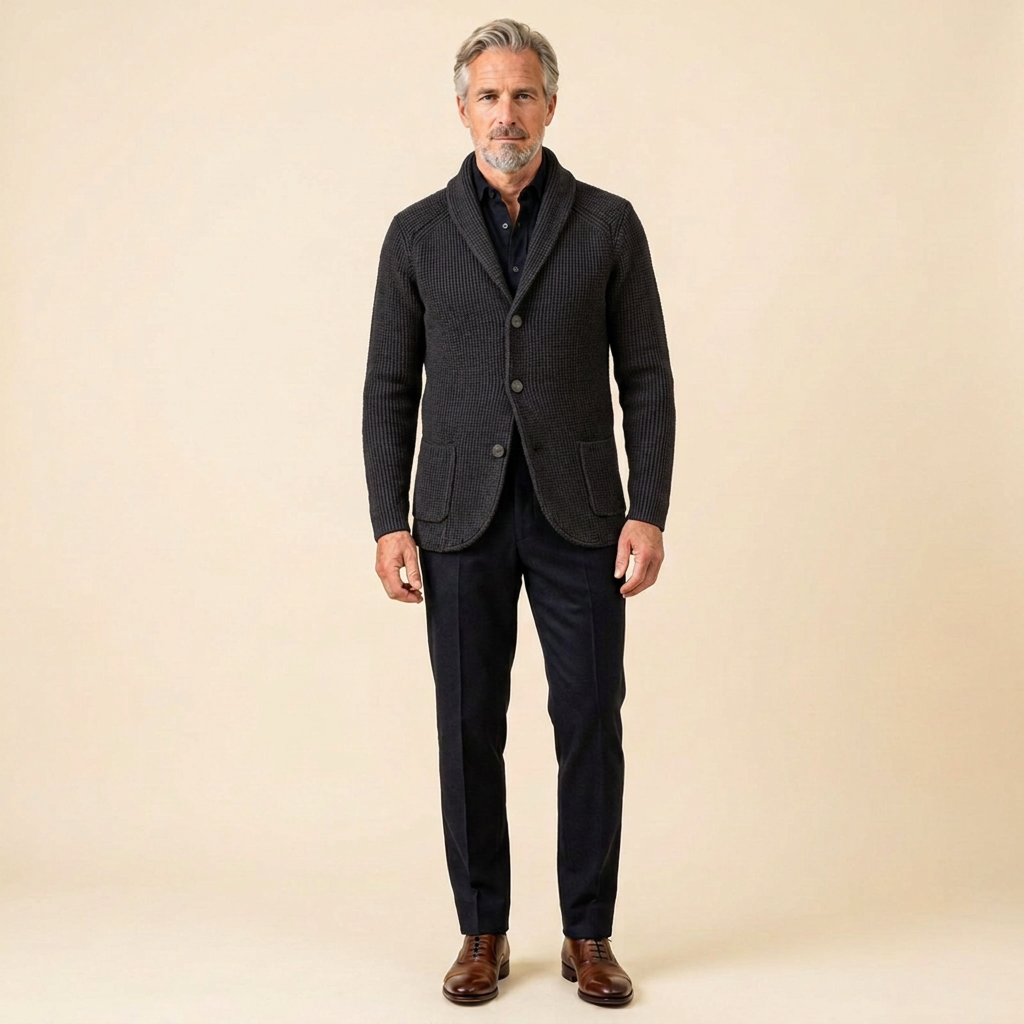 Men's Shawl Collar Cardigan — Ribbed Wool-Blend Knit 9