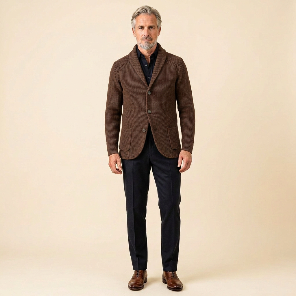 Men's Shawl Collar Cardigan — Ribbed Wool-Blend Knit 10