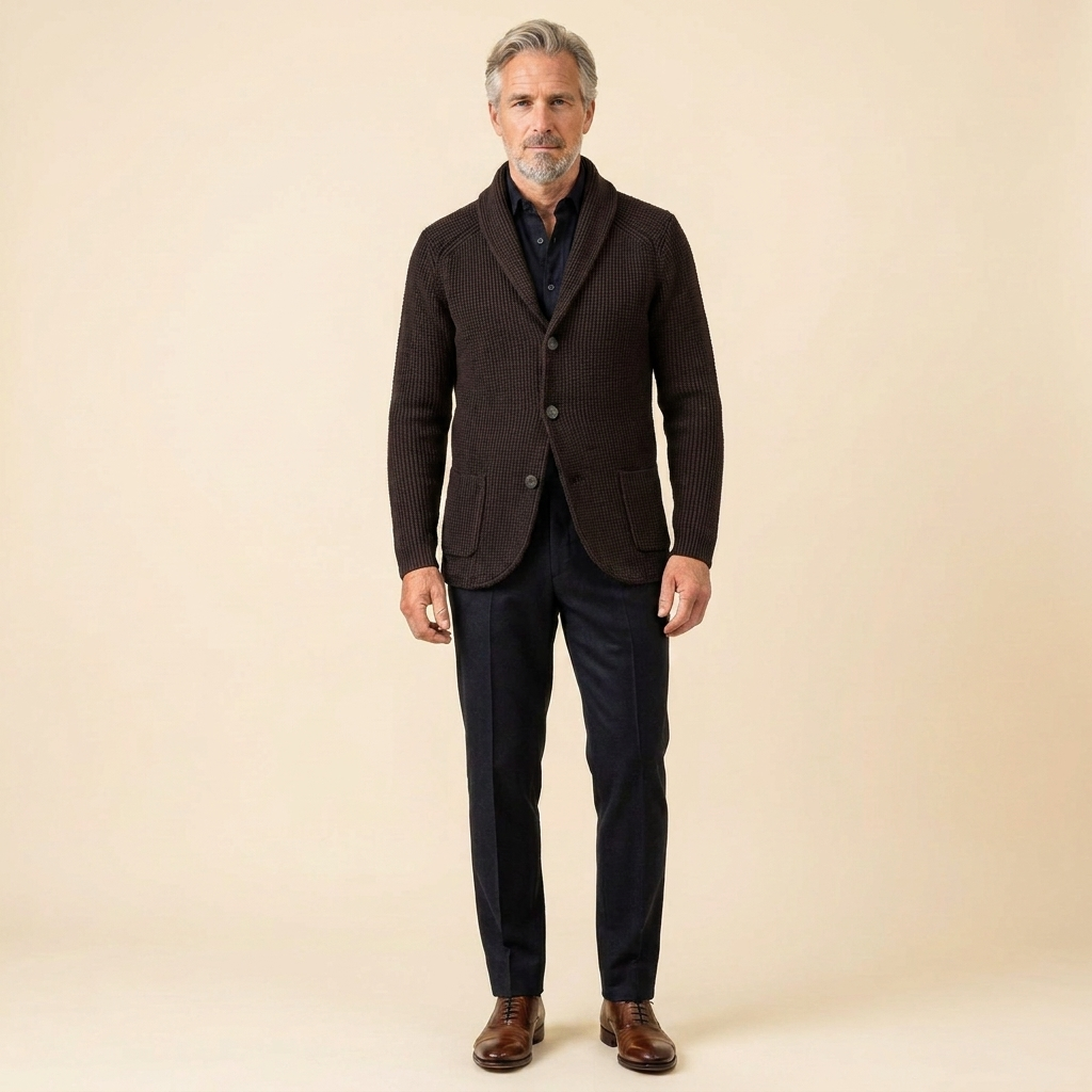 Men's Shawl Collar Cardigan — Ribbed Wool-Blend Knit 11