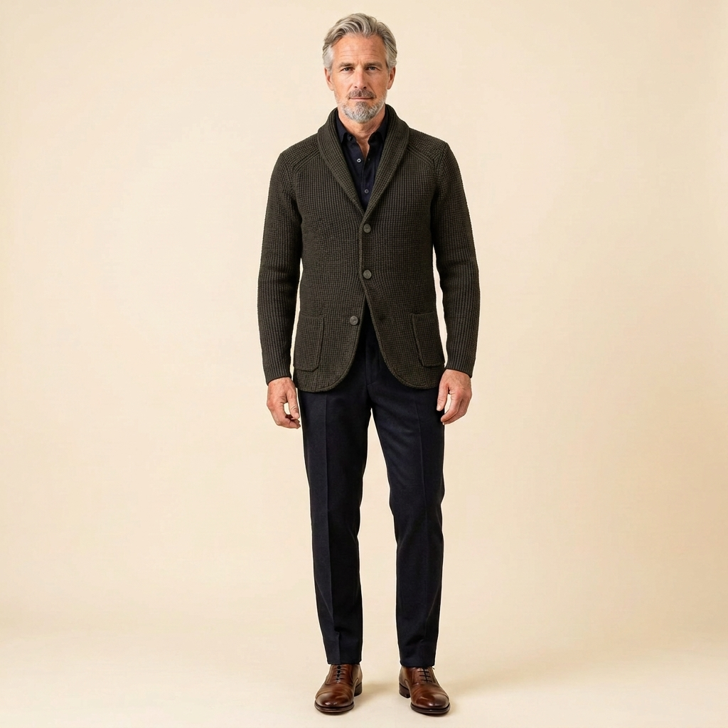 Men's Shawl Collar Cardigan — Ribbed Wool-Blend Knit 12