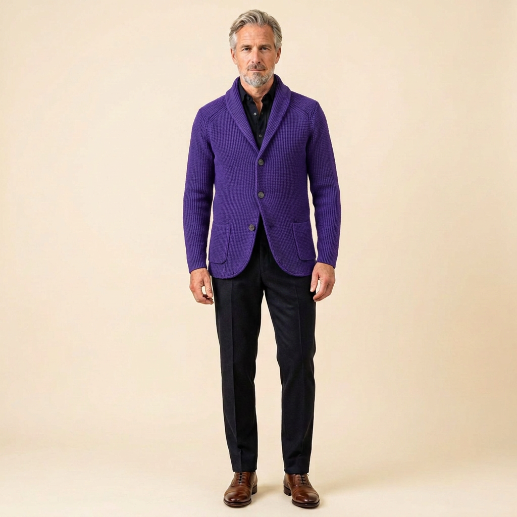Men's Shawl Collar Cardigan — Ribbed Wool-Blend Knit 13