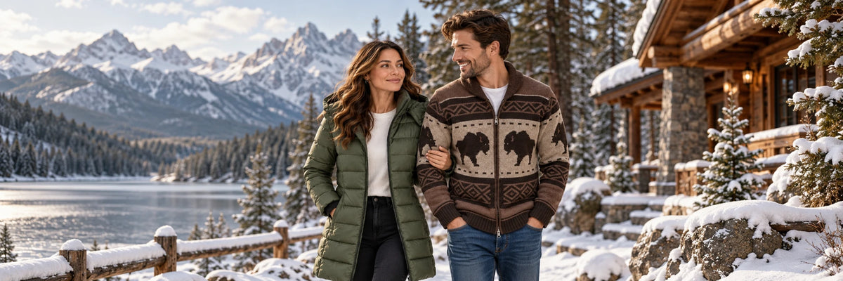 Hover Brothers Autumn Sale – couple in winter coat and cardigan at a snowy mountain lodge