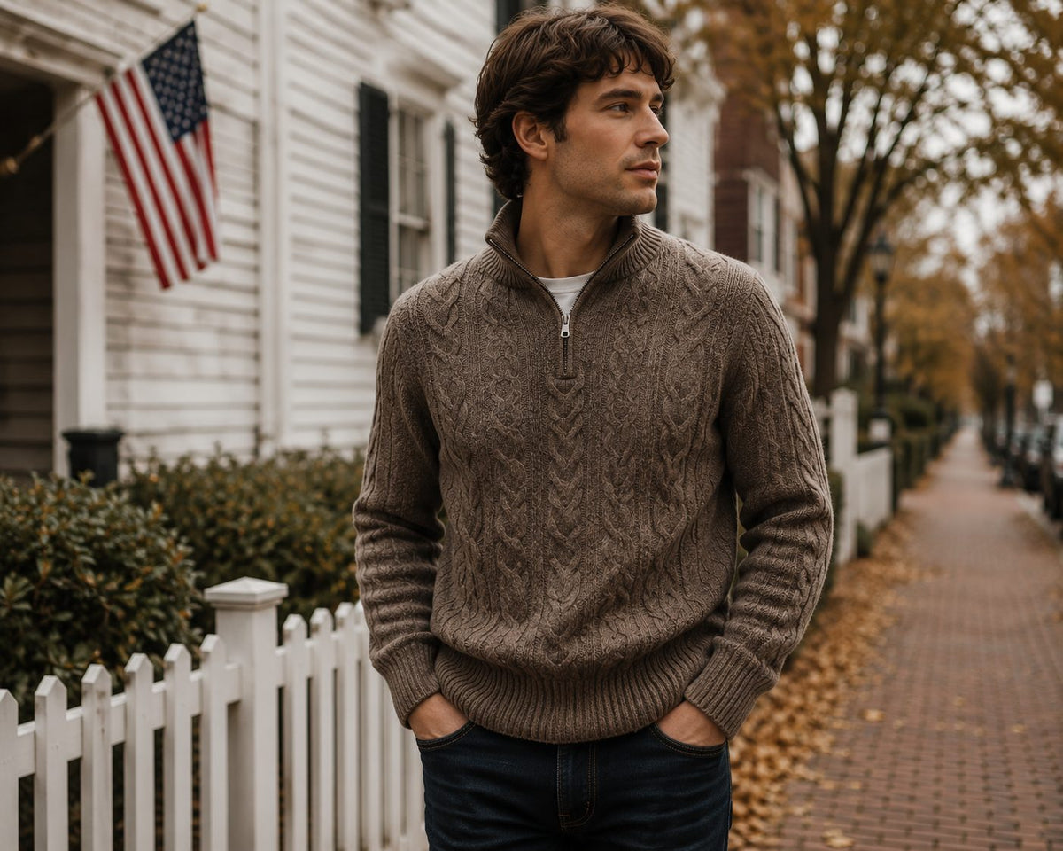 Shop men – man in a brown cable-knit quarter-zip sweater on an autumn street
